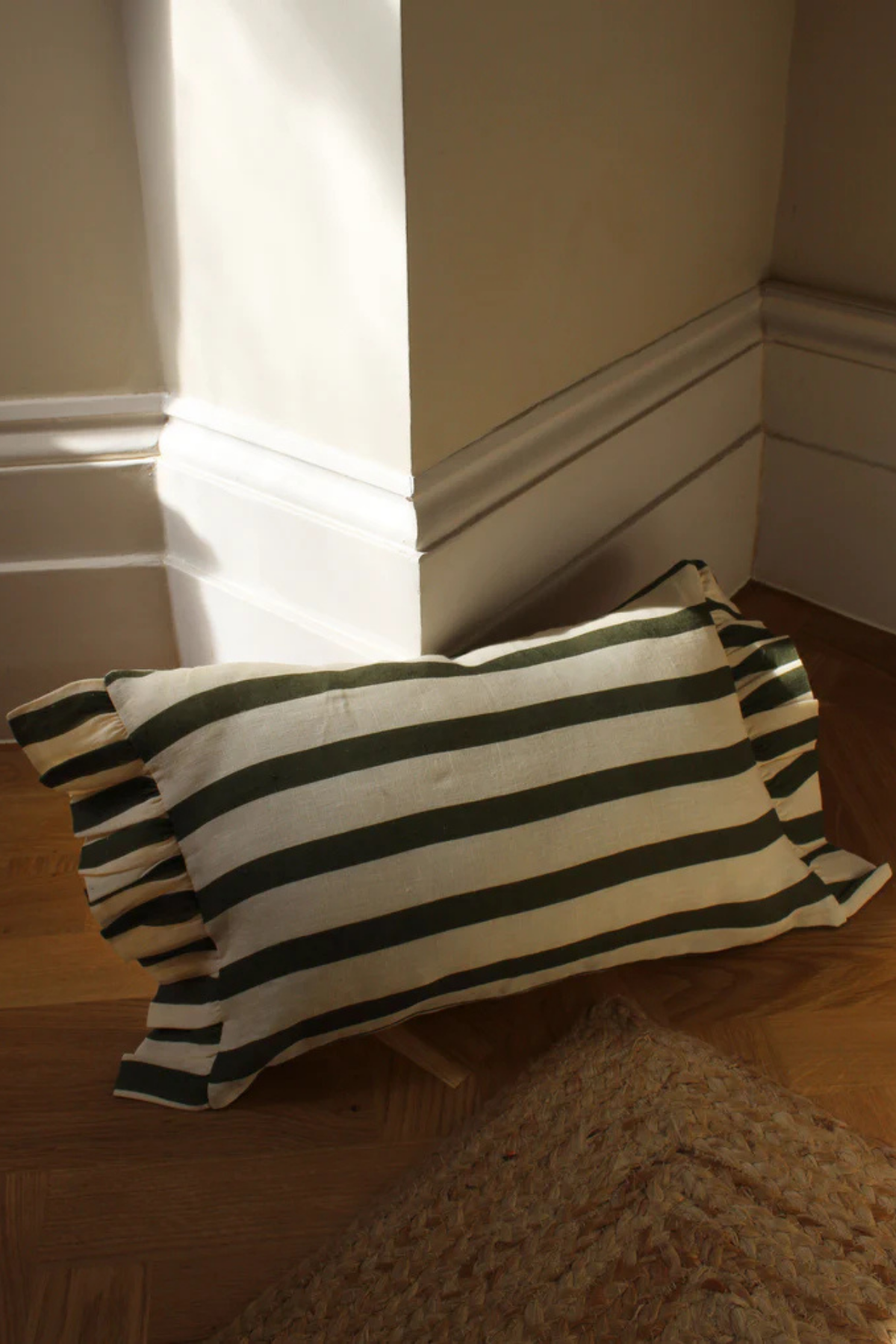 COMING SOON - Amuse La Bouche Olive & Ivory Thin Stripe Rectangle Cushion Cover