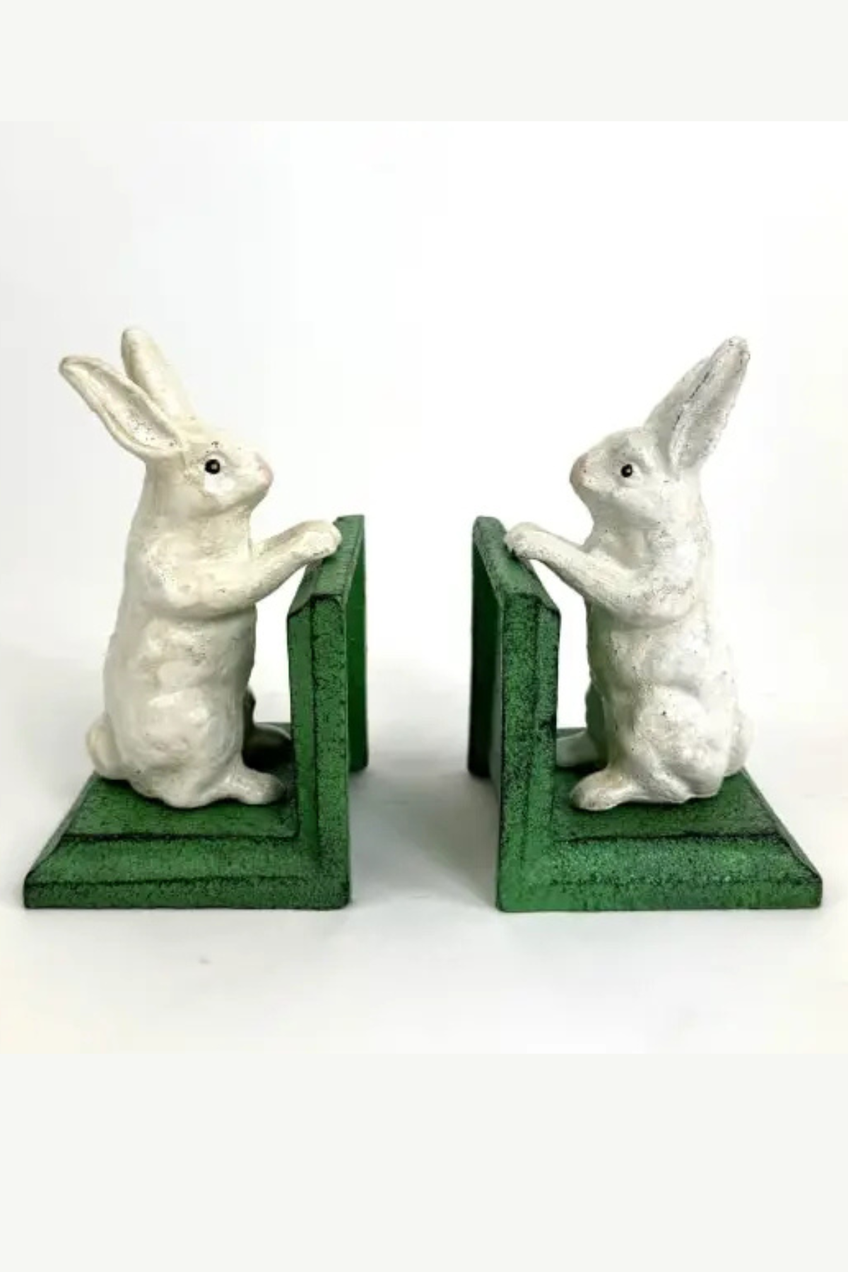 Cast Iron Antiqued Pair of White Rabbit Bookend